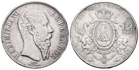 México. Maximiliano. 1 peso. 1867. México. (Km-388.1). Ag. 26,78 g. Golpecitos en el canto. MBC+. Est...50,00.
