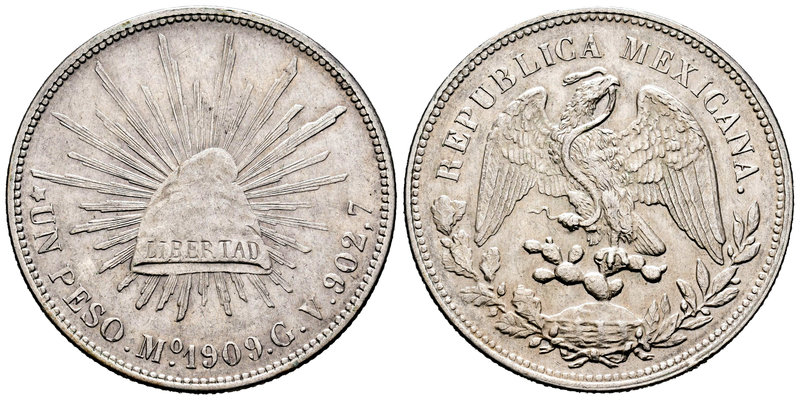 México. 1 peso. 1909. México. GV. (Km-409.2). Ag. 26,95 g. Golpecito en el canto...