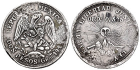 México. 2 pesos. 1914. Guerrero. (Km-643). 23,12 g. Moneda revolucionaria. Golpes. MBC. Est...60,00.