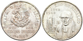 México. 5 pesos. 1953. México. (Km-469). Ag. 27,89 g. Bicentenario del nacimiento de Hidalgo. EBC+. Est...25,00.