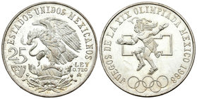 México. 25 pesos. 1968. México. (Km-479.1). Ag. 22,52 g. Juegos Olímpicos de México. Brillo original. SC-. Est...25,00.