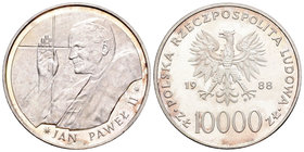 Polonia. 10000 zlotych. 1988. (Km-Y179). Ag. 30,88 g. X aniversario del pontificado de Juan Pablo II. Escasa. PROOF. Est...300,00.