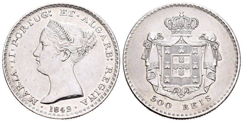 Portugal. María II. 500 reis. 1842. (Km-471). Ag. 14,76 g. Ligeramente limpiada....