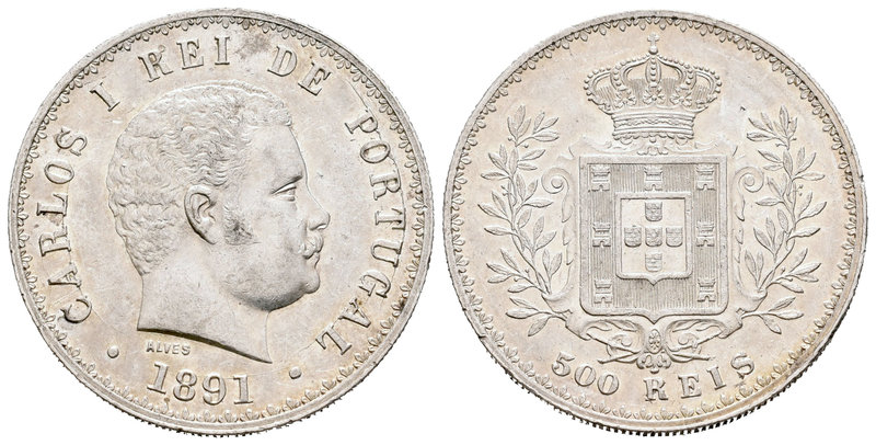 Portugal. Carlos I. 500 reis. 1891. (Km-535). (Gomes-12.02). Ag. 12,44 g. Brillo...