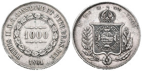 Portugal. Pedro II. 1000 reis. 1861. (Km-465). Ag. 12,42 g. Golpecitos en el canto. MBC-. Est...25,00.