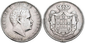 Portugal. Carlos I. 1000 reis. 1899. (Gomes-13.01). (Km-540). Ag. 24,62 g. Soldadura en el canto a las 12 h. MBC-. Est...15,00.