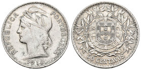 Portugal. 50 centavos. 1916. (Km-561). (Gomes-18). Ag. 12,24 g. Limpiada. MBC+. Est...20,00.