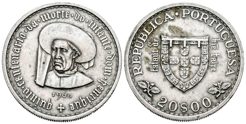 Portugal. 20 escudos. 1960. (Km-589). Ag. 21,09 g. 500º Aniversario muerte Prínc...
