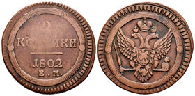 Rusia. Alexander I. 2 kopecks. 1802. Ekaterinburg. EM. (Km-114.1). (Bitkin-307). Ag. 20,94 g. Vano. MBC-/BC+. Est...25,00.