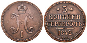 Rusia. Nicholas I. 3 kopecks. 1842. Ekaterinburg. EM. (Km-146.1). (Bitkin-541). Ae. 28,47 g. MBC-/MBC. Est...40,00.