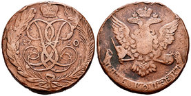 Rusia. Catherine II. 5 kopecks. 1760. Ekaterinburg. (Km-C9.2). (Bitkin-440). Ae. 53,15 g. Golpes. Escasa. BC+. Est...75,00.