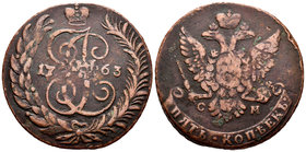 Rusia. Catherine II. 5 kopecks. 1763. San Petesburgo. CM. (Km-59.8). (Bitkin-595). Ae. 50,98 g. BC+. Est...30,00.