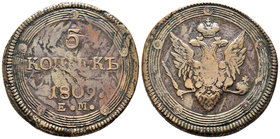 Rusia. Alexander I. 5 kopeks. 1809. Ekaterinburg. EM. (Km-C115.1). Ae. 43,21 g. MBC-. Est...40,00.