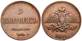 Rusia. Nicholas I. 5 kopecks. 1831. Ekaterinburg. EM. (Km-C140.1). (Bitkin-481). Ae. 23,36 g. MBC+. Est...90,00.