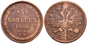 Rusia. Alexander II. 5 kopecks. 1860. Ekaterinburg. EM. (Km-Y6a). Ae. 32,30 g. BC+. Est...25,00.