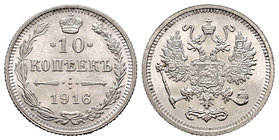 Rusia. Nicholas II. 10 kopecks. 1916. Osaka. (Km-Y20a.1). (Bitkin-209). Ag. 1,81 g. SC-. Est...35,00.