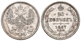 Rusia. Alexander II. 20 kopecks. 1867. San Petesburgo. (Km-22a.1). (Bitkin-214). Ag. 3,63 g. EBC-. Est...25,00.