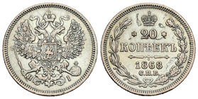 Rusia. Alexander II. 20 kopeks. 1868. San Petesburgo. (Km-Y22.2). Ag. 3,51 g. Rayas. MBC+. Est...15,00.