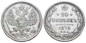 Rusia. Nicholas II. 20 kopecks. 1875. San Petesburgo. (Km-Y22a.1). (Bitkin-226). Ag. 3,54 g. MBC+. Est...25,00.