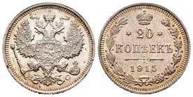 Rusia. Nicholas II. 20 kopecks. 1915. San Petesburgo. (Km-Y22a.1). (Bitkin-117). Ag. 3,64 g. Restos de brillo original. EBC+/SC-. Est...30,00.