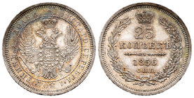 Rusia. Alexander II. 25 kopecks. 1856. San Petesburgo. (Km-C166.1). (Bitkin-51). Ag. 5,16 g. Restos de brillo original. Buen ejemplar. EBC+. Est...50,...