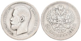Rusia. Nicholas II. 50 kopecks. 1897. (Km-Y58.1). (Bitkin-197). Ag. 9,82 g. BC+. Est...90,00.
