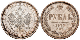 Rusia. Alexander II. 1 rublo. 1877. San Petesburgo. (Km-Y25). (Bitkin-125). Ag. 20,62 g. MBC-/BC+. Est...60,00.