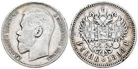Rusia. Nicholas II. 1 rublo. 1898. San Petesburgo. (Km-59.3). Ag. 19,75 g. Golpes. BC+/MBC-. Est...25,00.