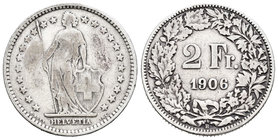 Suiza. 2 francos. 1906. Berna. B. (Km-21). Ag. 9,71 g. BC+/MBC-. Est...15,00.