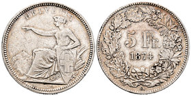 Suiza. 5 francos. 1874. Berna. B. (Km-11). Ag. 24,83 g. Escasa. MBC-. Est...100,00.