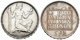 Suiza. 5 francos. 1936. Berna. B. (Km-41). Ag. 15,00 g. Propatria Armamentista. EBC+. Est...35,00.
