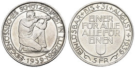 Suiza. 5 francos. 1939. Berna. B. (Km-S20). Ag. 19,45 g. Festival de tiro de Lucerna. Brillo original. SC. Est...50,00.