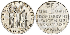 Suiza. 5 francos. 1941. Berna. B. (Km-44). Ag. 14,94 g. 650º Aniversario Confederación Helvética. Brillo original. SC. Est...60,00.