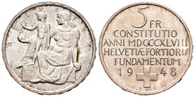 Suiza. 5 francos. 1948. (Km-48). Ag. 15,05 g. Centenario de la Constitución. SC. Est...25,00.