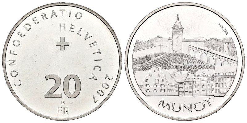 Suiza. 20 francos. 2007. Berna. B. (Km-124). Ag. 19,95 g. Serie edificios famoso...