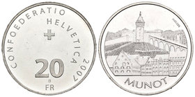 Suiza. 20 francos. 2007. Berna. B. (Km-124). Ag. 19,95 g. Serie edificios famosos: MUNOT. PROOF. Est...50,00.