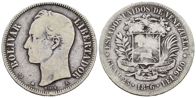 Venezuela. 5 bolívares. 1876. (Km-Y16). Ag. 24,18 g. Muy escasa. BC-/BC. Est...5...