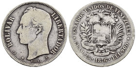 Venezuela. 5 bolívares. 1876. (Km-Y16). Ag. 24,18 g. Muy escasa. BC-/BC. Est...50,00.