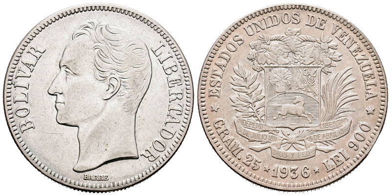 Venezuela. 5 bolívares. 1936. (Km-Y24.2). Ag. 24,91 g. MBC+. Est...35,00.