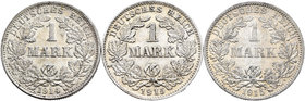 Alemania. Lote de 3 monedas de 1 marco de plata, 1914-F, 1915-A, 1915-D. Todas con resto de brillo original. A EXAMINAR. SC. Est...40,00.