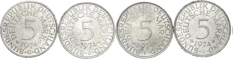 Alemania. Lote de 4 monedas de 5 marcos de plata, todas las cecas D, F, J y G. A...