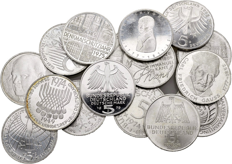 Alemania. Lote de 16 monedas alemanas de 5 marcos de plata, 1970, 1971 (2), 1973...