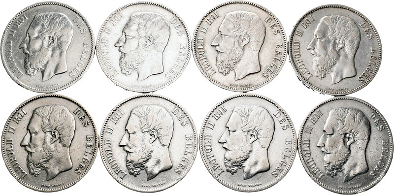 Bélgica. Lote de 5 monedas de 5 francos de Leopoldo II, 1867, 1868, 1869, 1870, ...
