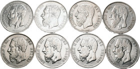 Bélgica. Lote de 5 monedas de 5 francos de Leopoldo II, 1867, 1868, 1869, 1870, 1871, 1872, 1874 y 1876. A EXAMINAR. MBC/EBC-. Est...120,00.
