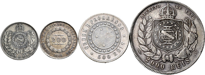 Brasil. Lote de 4 piezas de plata de Brasil, 3 de 200 reis (1889, 1864, 1867) y ...