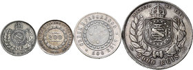 Brasil. Lote de 4 piezas de plata de Brasil, 3 de 200 reis (1889, 1864, 1867) y 1 de 500 reis (1889). A EXAMINAR. MBC-/MBC+. Est...50,00.