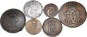 Dinamarca. Lote de 6 piezas danesas diferentes, 5 de cobre y 1 de plata. A EXAMINAR. MBC-/EBC-. Est...50,00.