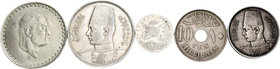 Egipto. Lote de 5 piezas de Egipto, 10 milliemes (1917), 2 qirsh, 5 piastra (1939), 10 piastras (1937) y 50 piastras (1970). A EXAMINAR. MBC+/SC. Est....