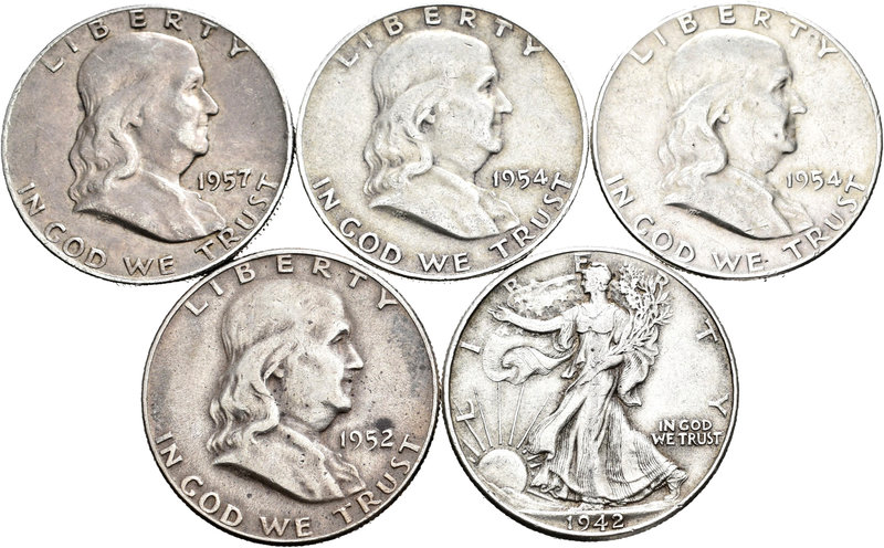 Estados Unidos. Lote de 5 piezas de 1/2 dollar, 1942, 1952, 1954 (2) y 1957. A E...