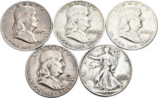 Estados Unidos. Lote de 5 piezas de 1/2 dollar, 1942, 1952, 1954 (2) y 1957. A EXAMINAR. MBC/MBC+. Est...50,00.